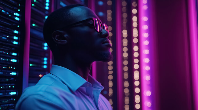 Black African American male IT specialist analyzing privacy data information leaks in a high-tech server room, surrounded by servers and blinking lights