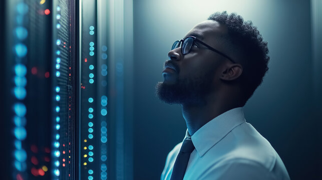 African American IT professional examining data privacy information leaks in a modern server room environment, with a focus on technology and security