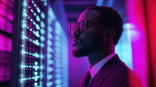 Black African American male IT specialist analyzing privacy data information leaks in a high-tech server room, surrounded by servers and blinking lights