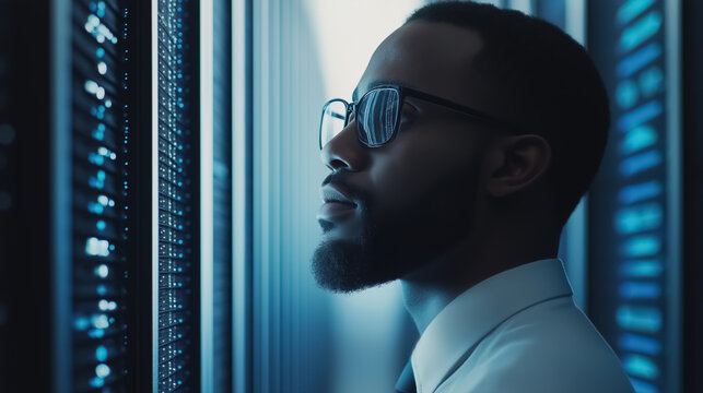 African American IT professional examining data privacy information leaks in a modern server room environment, with a focus on technology and security