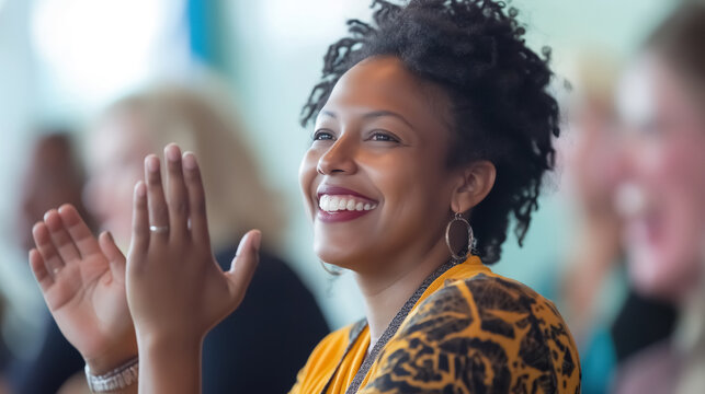 Participants in a workshop setting, smiling and clapping, supporting each other with enthusiasm and positivity