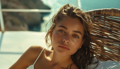 woman sitting chair white shirt looking full face olive skin extremely close calanque girl shots faces sun lounger young daughter