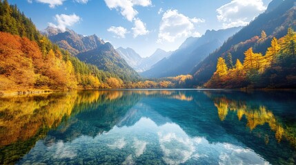 Obraz premium A crystal-clear lake at Jiuzhaigou National Park, surrounded by autumnal trees and dramatic mountain peaks.
