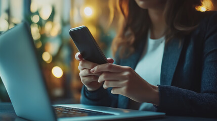 A businesswoman working in an office, holding a mobile smartphone in one hand and typing on a laptop computer with the other