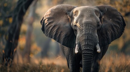 A large elephant is standing in a field of tall grass. The elephant is looking directly at the camera, creating a sense of curiosity and wonder. The scene evokes a feeling of awe
