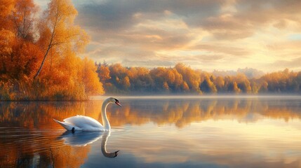 A lone swan glides over a serene, reflective lake, with autumn's golden leaves and a pastel sky mirrored below.