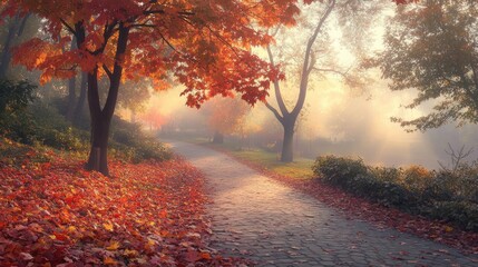 Fototapeta premium A misty autumn morning in a city park, with a winding path covered in orange and red leaves. The soft light of sunrise adds warmth to this tranquil fall scene.