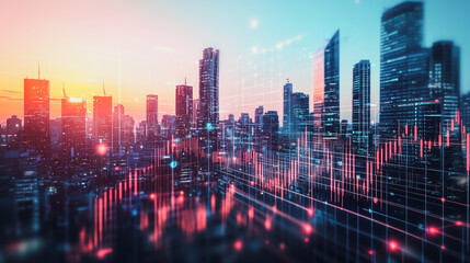 Fototapeta premium Smart digital city with connection network that is at the cutting edge of innovation in technology and business with bright, modern skyscrapers. Backgrounds for technology and charts and graphs