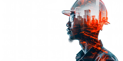 A creative double exposure image of an engineer with a cityscape overlay. The man wears a hard hat and safety vest, symbolizing construction and urban development, with a modern, high-tech atmosphere.