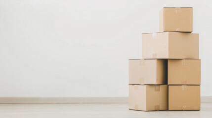 Neatly arranged stack of cardboard boxes on a plain background with copy space, representing organized moving or efficient storage solutions. Photo