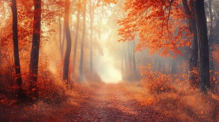 Obraz premium A peaceful autumn forest path surrounded by orange and red trees. The morning sunlight breaks through the fog, creating a magical, scenic view.