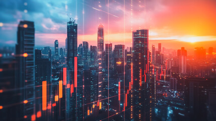 Fototapeta premium Smart digital city with connection network that is at the cutting edge of innovation in technology and business with bright, modern skyscrapers. Backgrounds for technology and charts and graphs