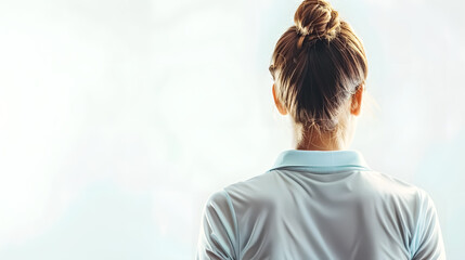 A woman with a smile and a thoughtful expression stands with a golf club, isolated against 