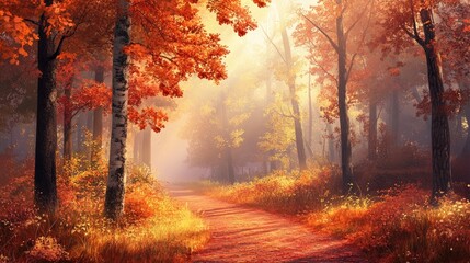 Fototapeta premium A peaceful autumn forest path with orange and red trees, bathed in warm morning sunlight. The scene captures the beauty of a foggy fall morning.