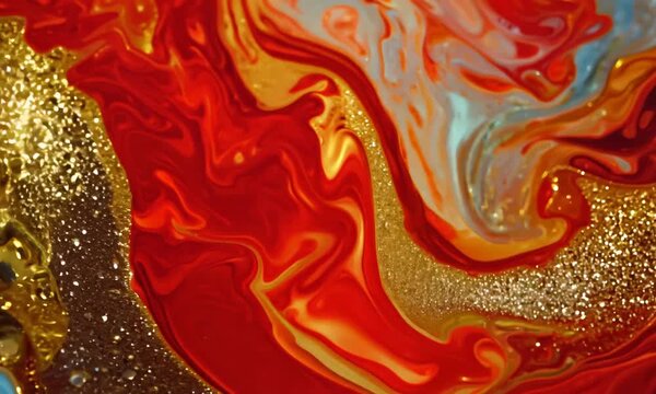 Fluid art painting of a red and gold swirl with black and gold accents. The painting has a bold and vibrant feel to it, with the gold and red colors creating a sense of energy and movement