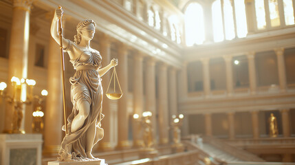Fototapeta premium Statue of Justice in a grand hall, showcasing Lady Justice with her blindfold, scales, and sword. This iconic representation symbolizes law, fairness, and impartiality in the judic