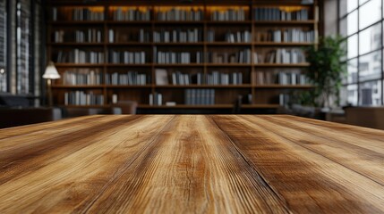 A polished wooden table with a modern library backdrop, perfect for product showcases or stylish design mockups.