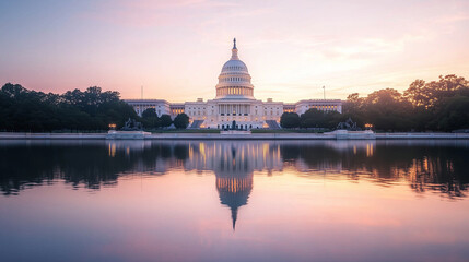 Obraz premium The U.S. Capitol building reflected in calm water, illuminated with red and blue hues. The image symbolizes the balance and contrast within the political landscape. Photo