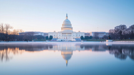The U.S. Capitol building reflected in calm water, illuminated with red and blue hues. The image symbolizes the balance and contrast within the political landscape. Photo