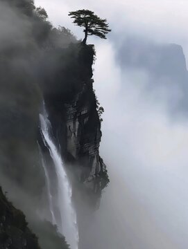 lone tree cliff waterfall unnerving inspiring scenic environment zoomed out background alone swirling fluid standing bonsai