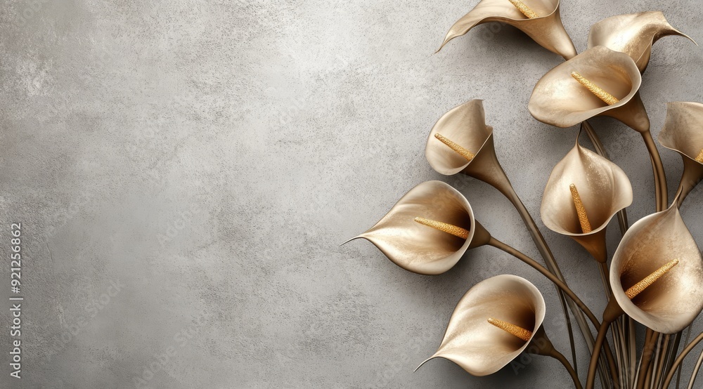 Poster this stunning 3d image showcases exquisite golden calla lilies on a sophisticated gray background, c