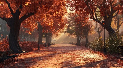 Fototapeta premium A serene autumn path in a city park, covered in red-brown leaves and surrounded by orange trees. The warm sunlight creates a magical, inviting atmosphere.
