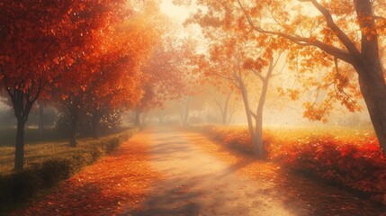 Fototapeta premium A serene autumn path in a city park, surrounded by orange and red trees. The warm morning sunlight filters through the fog, creating a peaceful, scenic view.