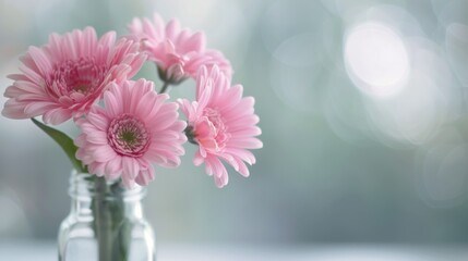 Fototapeta premium Delicate Pink Gerbera Daisies in a Glass Jar Against a Soft Background
