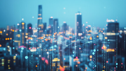 Obraz premium Smart digital city with connection network that is at the cutting edge of innovation in technology and business with bright, modern skyscrapers. Backgrounds for technology and charts and graphs