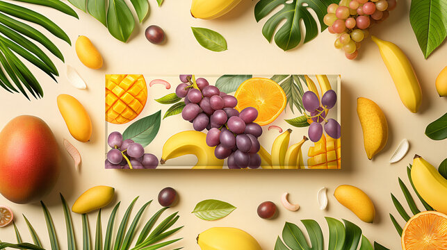 protein bar package design, with mango, grapes, banana on the packaging, palm leaves paper illustration background