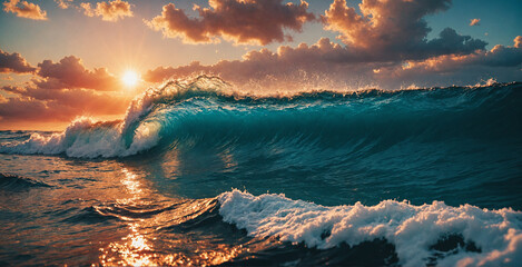 Ocean with big wave and sunny cloudy sky background.