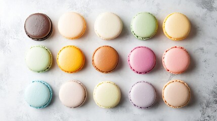 Obraz premium A vibrant array of macarons in pastel colors arranged on a light gray concrete surface, their smooth surfaces contrasting with the rough texture beneath