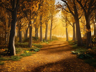 Golden Autumn Path Through Enchanted Forest