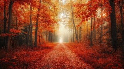 A tranquil autumn forest path with vibrant orange trees and a blanket of red-brown leaves. The warm sunlight filters through the fog, creating a peaceful fall scene.