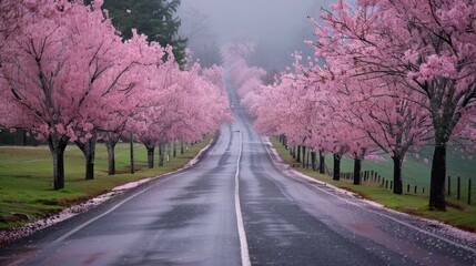 Fototapeta premium Serene Cherry Blossom Pathway in Early Spring Sunset Garden