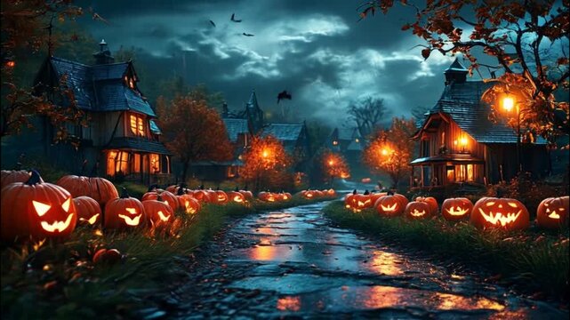 Halloween night village pumkin rain