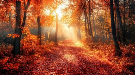 Fototapeta premium A vibrant autumn forest path, with orange trees and red-brown leaves covering the ground. The bright morning sunlight creates a serene, scenic view.