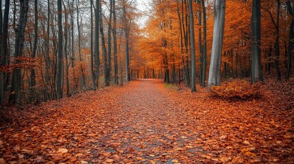 A vibrant autumn forest path, with orange trees and red-brown leaves scattered on the ground. The scene captures the beauty and warmth of a sunny fall day.
