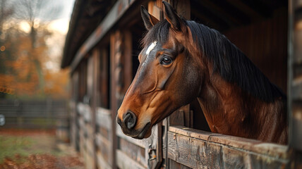A horse with a sleek, chestnut coat and a white star on its forehead stands in a wooden stable. The background shows an autumnal scene with blurred trees and leaves.