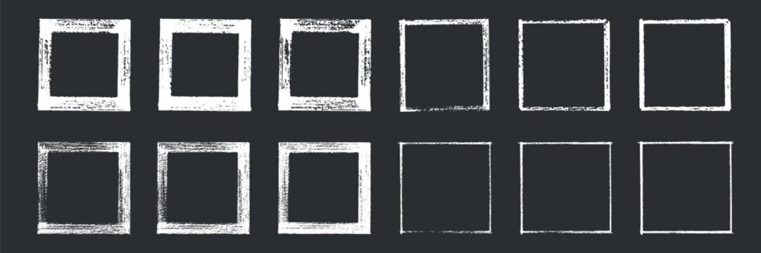 Chalk or crayon hand drawing frames set. Grunge rectangle and square shape. Vector stock illustration isolated on black background for design template social media files, print and photo materials