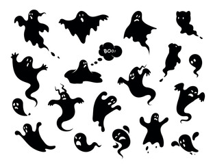 Halloween. Ghosts icon set. Collection of various scary and funny ghosts and animal ghosts. Magic symbols for parties, celebrations, templates and decorations. Isolated silhouette. Vector