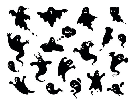 Halloween. Ghosts icon set. Collection of various scary and funny ghosts and animal ghosts. Magic symbols for parties, celebrations, templates and decorations. Isolated silhouette. Vector