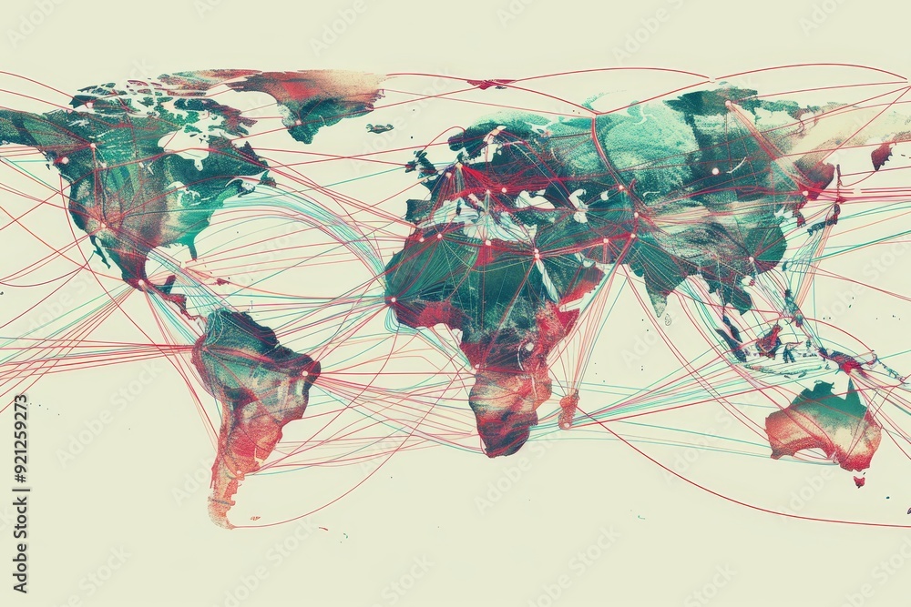 Poster global map with interconnected lines, illustrate a world map with interconnected lines representing 
