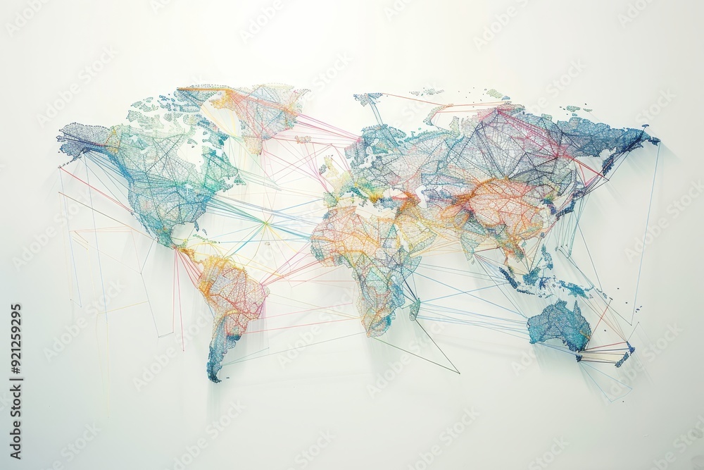 Poster a world map formed by intricate wires on a white wall, showcasing interconnected countries and conti