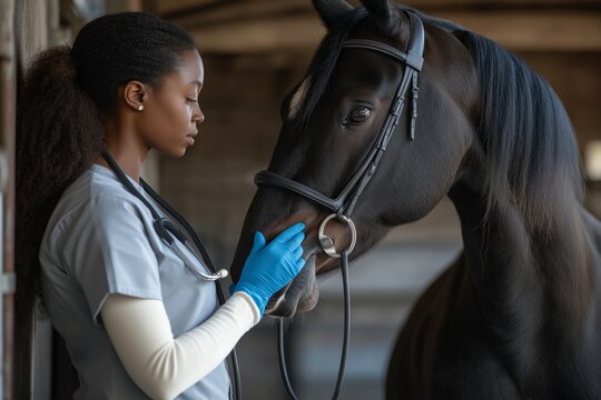 A veterinarian providing compassionate care and medical attention for a horse that is currently housed in a stable, ensuring its health and wellbeing are prioritized at all times - Powered by Adobe