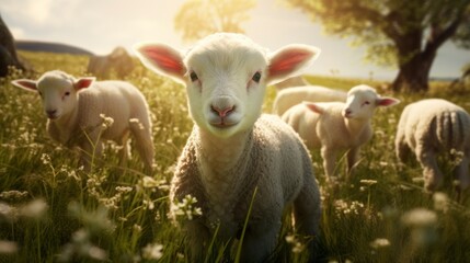 Obraz premium A lamb stands in a field of tall grass and looks directly at the camera. Several other lambs are in the background. The scene is bright and sunny, and the grass is a vibrant green.