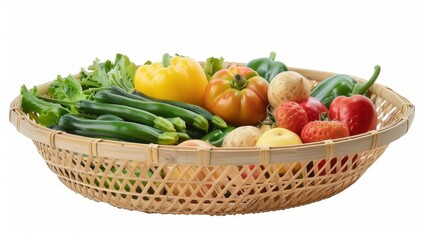 Vegetables on rattan basket isolated on white background with clipping path