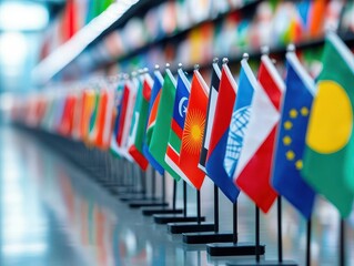 E-commerce platform showcasing international sellers, detailed close-up of flags and product listings, global business concept