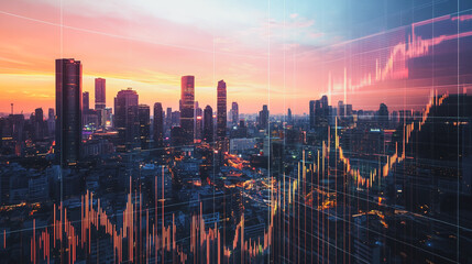 Fototapeta premium Smart digital city with connection network that is at the cutting edge of innovation in technology and business with bright, modern skyscrapers. Backgrounds for technology and charts and graphs