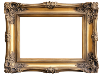 European style gold leaf wood frame isolated on a white or transparent background. 3:2 ratio for photo, image, picture, art, or painting. 
